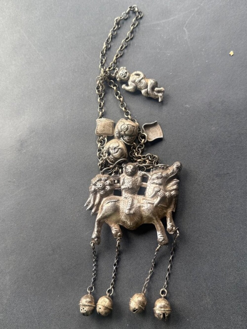 Antique Chinese Silver Fertility Goddess Dragon Necklace With Amulets Charms